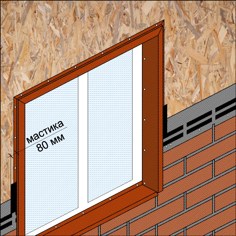 Монтаж фасадной плитки вокруг оконного проёма на наличник 3D с посыпкой (тип 5, таблица №2) klinker
